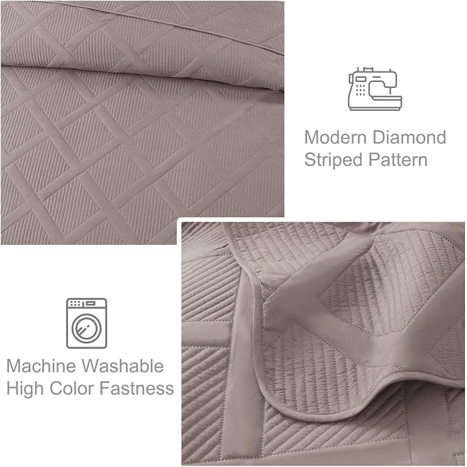 Exclusivo Mezcla Quilts Queen Size, Taupe | Soft Bedspreads with 2 Pillow Shams, Modern Striped Pattern, Lightweight Bedding Set Coverlets for All Seasons, 90x96 Inch