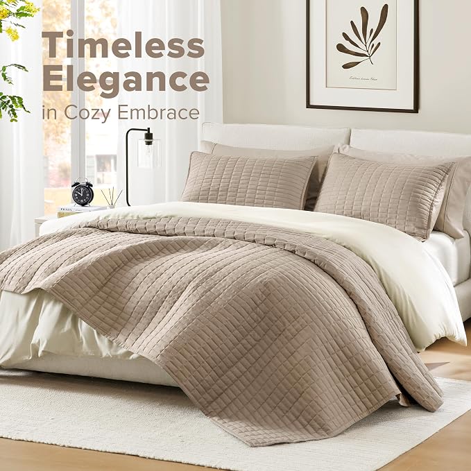 Comfort Spaces - CS13-0933 Kienna Quilt Coverlet Bedspread Ultra Soft Hypoallergenic All Season Lightweight Filling Stitched Bedding Set, Oversized Queen(102"x118"), Taupe 3 Piece | Coverlet for Summer Soft Cozy Lightweight All Season Quilted Extra Lay...