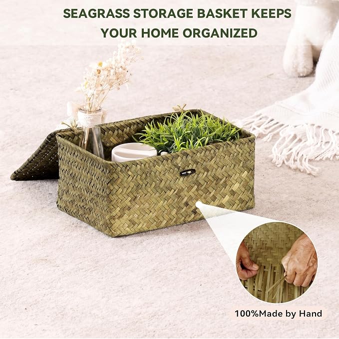 Nonam Seagrass Storage Basket with Lid, Set of 3, Dark Moss Green | Wicker Basket Container for Organizing, Boho Decorative Basket, Rectangular Household Storage Boxes for Home Organization