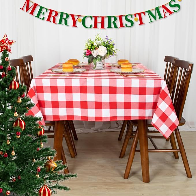ShinyBeauty 60"X120" Rectangle Tablecloth Red and White Farmhouse Cover | Cotton Linen Checkered Plaid, Wrinkle-Resistant, Folded Hem for Dining Room Kitchen Outdoor Picnic Christmas Party Decor