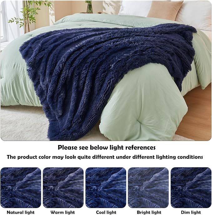 GONAAP Fuzzy Faux Fur Throw Blanket for Couch, Dark Navy, 50"x60" | Warm Cozy Plush Shaggy Decorative Reversible Thick Non-Heated Fleece Blanket for Sofa Bed, Gift for Women Men, All Season Use
