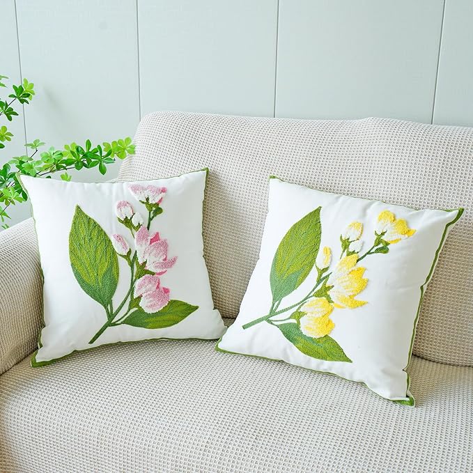 vctops Farmhouse Hibiscus Flowers Cotton Tufted Throw Pillow Cover Spring Floral Embroidery Pillowcase Soft Square Cushion Case for Sofa Couch Bed Chair (Pink F,18"x18")