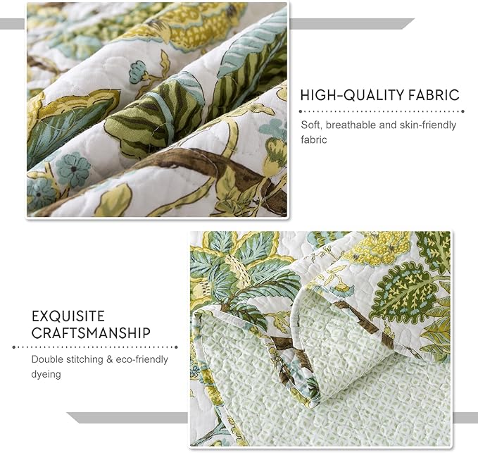 Travan 3-Piece Quilt Set Quilted Bedspread Cotton Coverlet Set Floral Oversized Quilted Bedding Set for All Season, White Vine, Queen Size