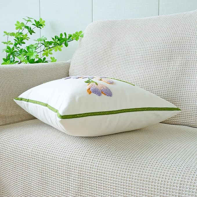 vctops Farmhouse Hibiscus Flowers Cotton Tufted Throw Pillow Cover Spring Floral Embroidery Pillowcase Soft Square Cushion Case for Sofa Couch Bed Chair (Pink Purple,18"x18")