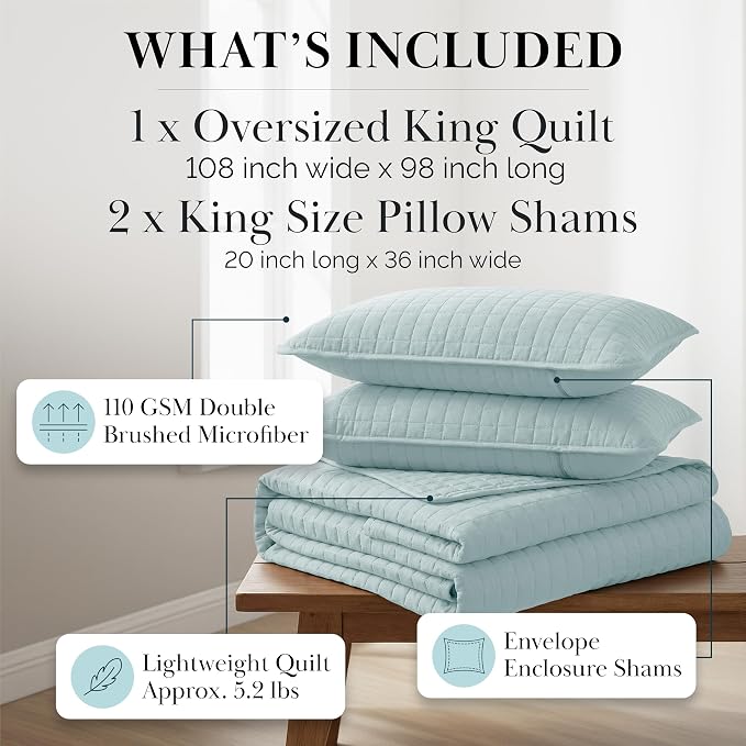 Southshore Fine Living, Inc. Oversized King Quilt Bedding Set, Microfiber Bedspread Blue, Pet Hair Resistant Bedding California King Size Quilt Coverlet Bedspread Set with 2 Shams, Sky Blue Quilts