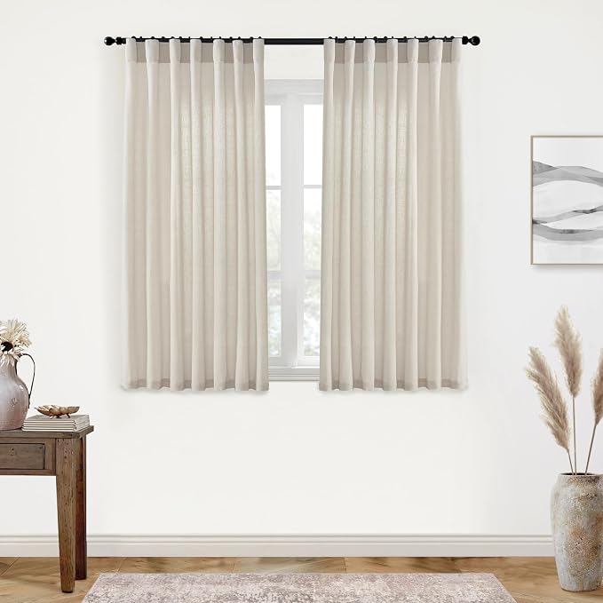 XTMYI Back Tab/Hook Belt Linen Cotton Sheer Curtains for Bedroom 2 Panels,45 Inch Length,Oatmeal Beige