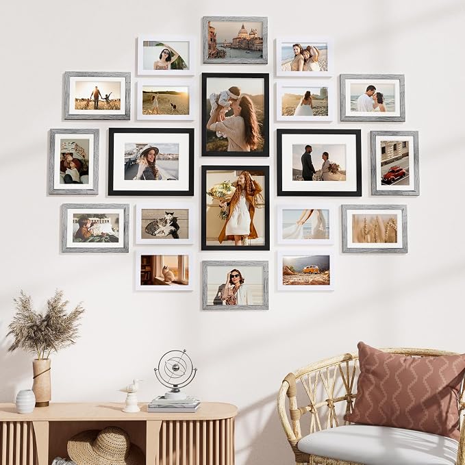 Vittanly 20 Pack Picture Frames Collage Wall Decor, Black, Grey, White | Gallery Wall Frame Set for Wall or Tabletop Display, Multi Sizes Picture Frame Set: 4pcs 8x10, 8pcs 5x7, 8pcs 4x6, MDF Wood