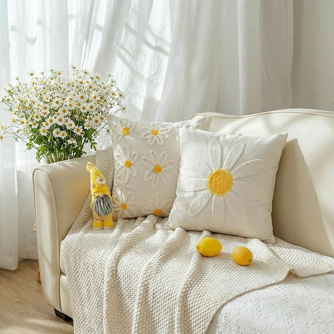 GEEORY 2-Pack 18x18 Inch Spring Summer Daisy Embroidered Canvas Throw Pillow Covers, Farmhouse Cotton Cushion Cases for Sofa Bed Living Room Home Decor