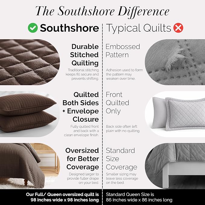 Southshore Fine Living, Inc. Full/Queen Quilt Bedding Set, Comfy Microfiber Coverlet, Queen Size Bedspread, Pet Hair Resistant Bedding, Full Size Bedspread w/2 Shams, Chocolate Brown Quilt