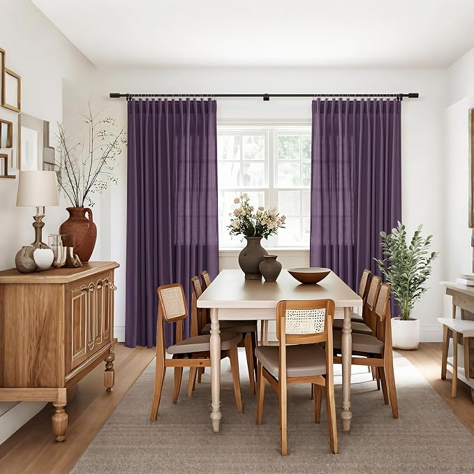 Jowels Plum Linen Curtains 84 Inch Long 2 Panels for Living Room | Light Filtering Semi Sheer Curtain, Back Tab Pocket Pleated Look, Boho Farmhouse Textured Privacy Drapes for Bedroom Window