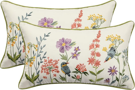 Embroidered Throw Pillow Covers 12x20 Pack of 2 Birds and Flowers | Durable Fabric,Square Pillow Cover,Boho Decorative,Hidden Zipper,Aesthetic Design,Ideal Gift,Machine Washable