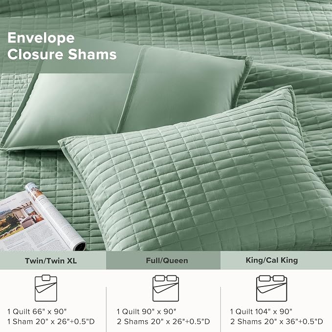 Comfort Spaces Kienna Queen Quilt Bedding Set 3 Piece, 90"x90" Sage Green | Soft Cozy Lightweight Summer Coverlet Full Size, Quilted Bedspreads Extra Layer, Modern Casual Bedroom Decor, OEKO-TEX