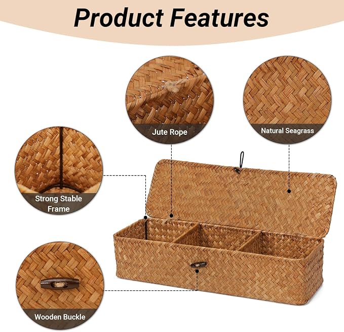 Nonam 3-Section Divided Storage Small Basket with Lid,Shelf Basket-Natural | Seagrass Organizer for Tea,Sugar,Coffee,Woven Shelf Bin for Closet,Toilet Tank,Rectangular Narrow Boho Basket Home Decor