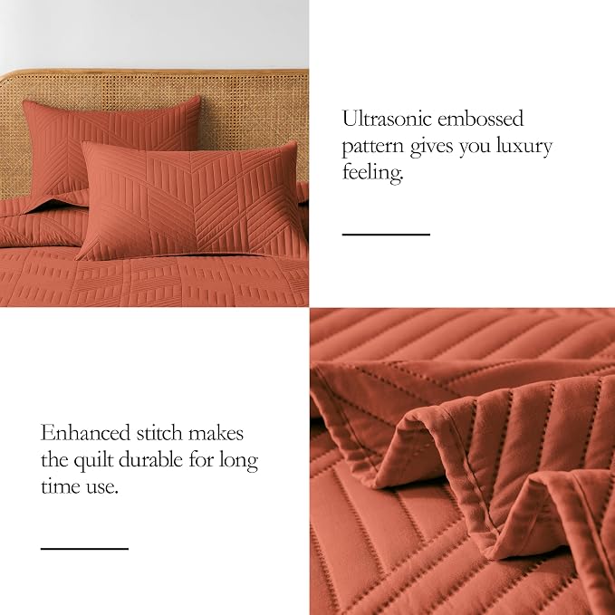 Davulos Full/Queen Quilt Set in Burnt Orange, Soft Reversible Microfiber Bedspread for All-Season Use, Lightweight Coverlet with Modern Geometric Pattern (1 Quilt, 2 Pillow Shams)