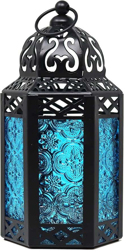 Vela Lanterns Decorative Indoor Moroccan Candle Table Centerpieces, Blue, S | Moroccan Lamp, Hurricane Glass Candle Holder, Patio Porch Decor, Arabian Nights Ramadan Centerpiece, Set of 2