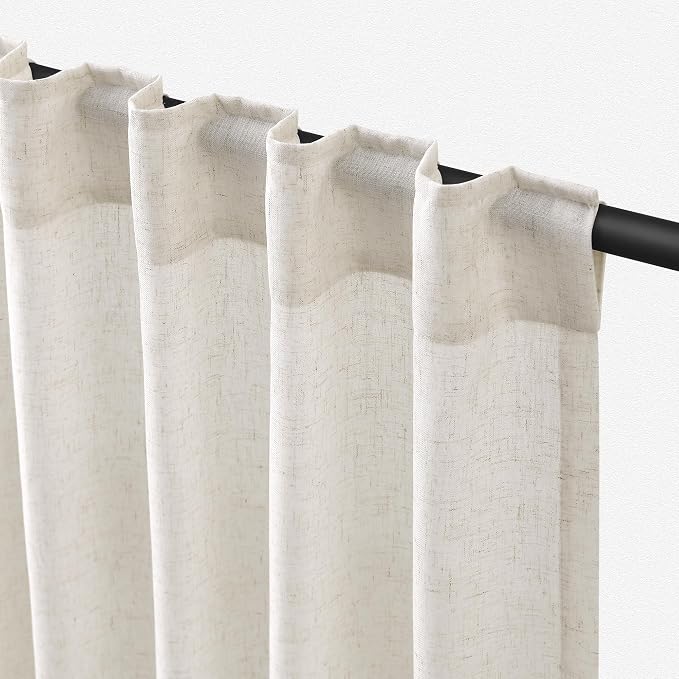 Jowels Natural Linen Curtains 90 Inch Long 2 Panels for Living Room | Ivory Light Filtering Sheer Curtain,Back Tab Pocket Pleated Look,Modern Farmhouse Textured Privacy Drapes for Bedroom Window