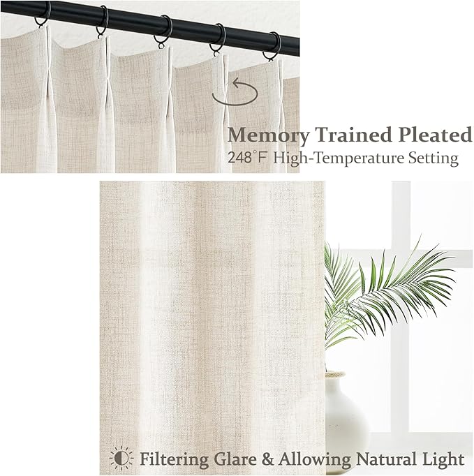 60 Inch Wide 96 Inches Long Natural Linen Light Beige Patio Curtains for Sliding Glass Door, Neutral Pinch Pleated Light Filtering Bedroom Sheer Aesthetic Windows Curtain & Drapes Back Tab 2 Panel Set