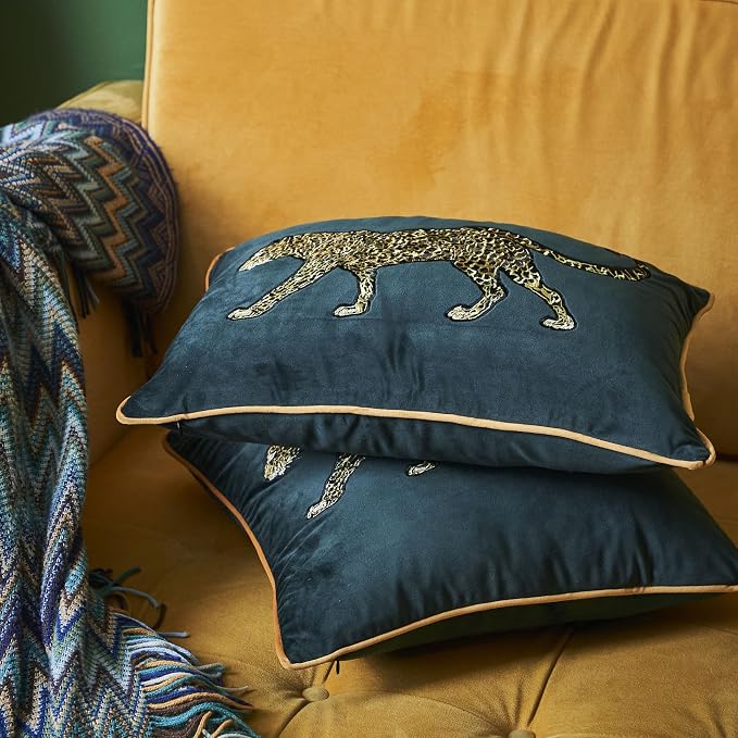 Luxury Embroidery Leopard Throw Pillowcase Gold Embroidered Velvet Cloth Cushion Cover Decorative Leopard Print Cheetah Pillows Case for Preppy Stuff Room 1PCS (Color-1)