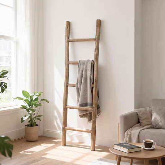 Wooden Blanket Ladder Natural & Motley Wood - Leaning Wall Decor for Bedroom, Bathroom, Living Room - Rustic Quilt Holder & Towel Rack (Natural Wood Brown, 57in | Fully Assembled)