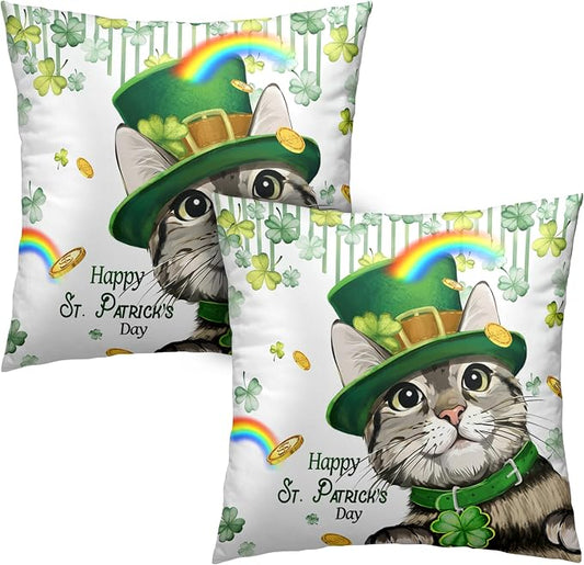 Happy St Patricks Day Pillows Covers 24x24 Pack of 2 Lucky Cat Clover Pillow Covers Rainbow Gold Coin Shamrock Decorative Pillow Cases Cushion Case for Living Room Couch Sofa