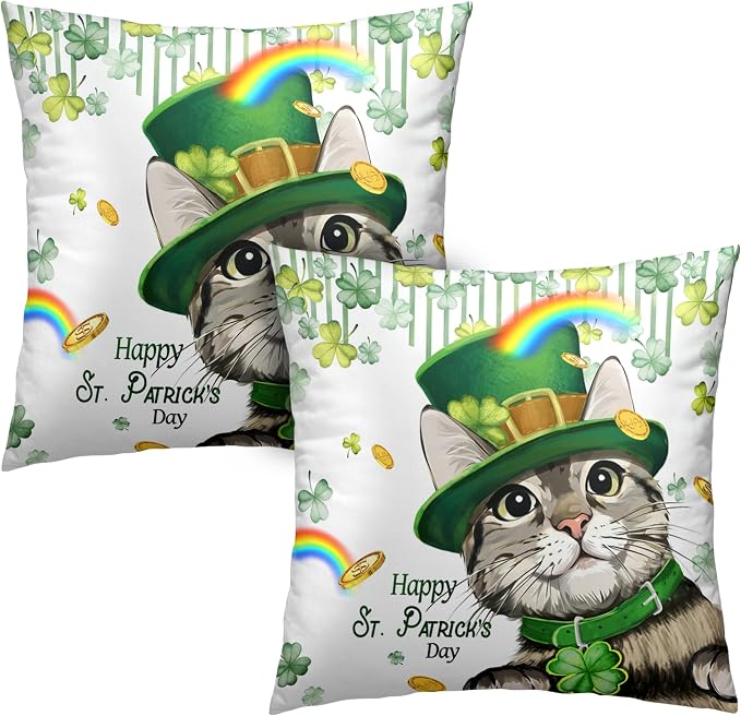 Happy St Patricks Day Pillows Covers 16x16 Pack of 2 Lucky Cat Clover Pillow Covers Rainbow Gold Coin Shamrock Decorative Pillow Cases Cushion Case for Living Room Couch Sofa