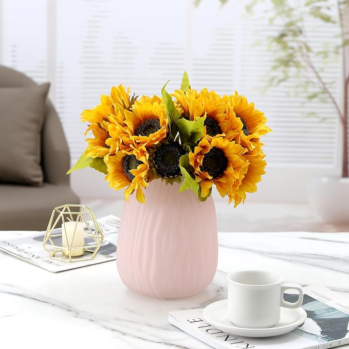 Large Ribbed Glass Vase 8in Frosted Pink Elegant Decorative Vases for Home Flowers Arrangements, Centerpieces, and Modern Décor