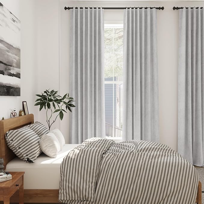 Grey Linen Back Tab Curtains 84 Inch Length for Living Room 2 Panel Set Neutral Modern Farmhouse Window Privacy Semi Sheer Linen Drapes Rustic Pinch Pleated Look Curtain 52x84