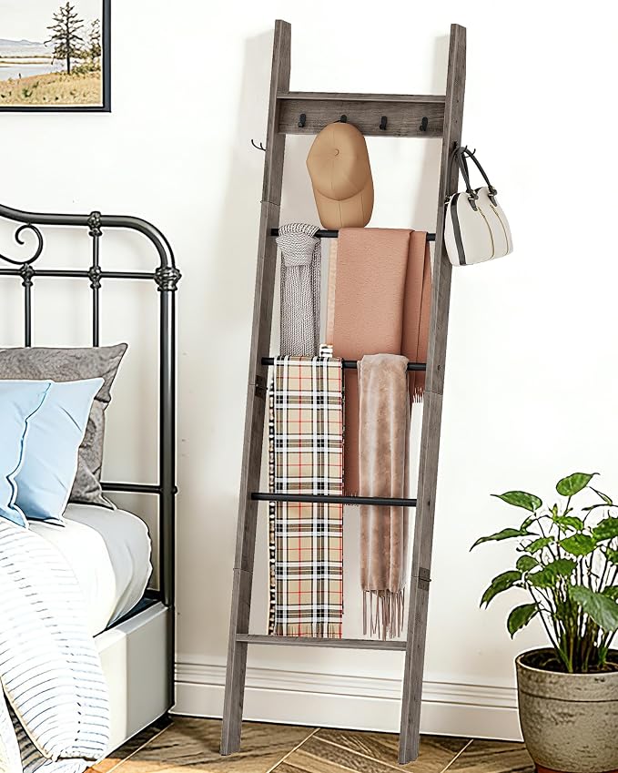 CHOEZON 5-Tier Blanket Ladder, Wooden Blanket Display Rack, Towel Ladder with Hooks, Wall Leaning Display Shelf, for Living Room, Bedroom, Balcony, Greige and Black MCJ02BG