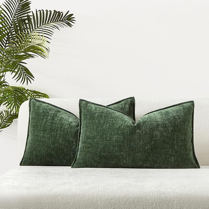 JUSPURBET 12x20 Chenille Lumbar Throw Pillow Covers Set of 2,Green | Decorative Cozy Soft Cushion Covers Case with Hidden Zipper for Couch Sofa Bed Home Decor Living Room