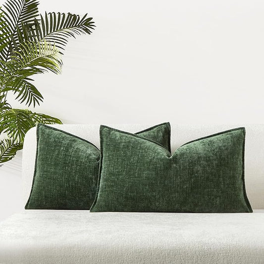 JUSPURBET 12x20 Chenille Lumbar Throw Pillow Covers Set of 2,Green | Decorative Cozy Soft Cushion Covers Case with Hidden Zipper for Couch Sofa Bed Home Decor Living Room