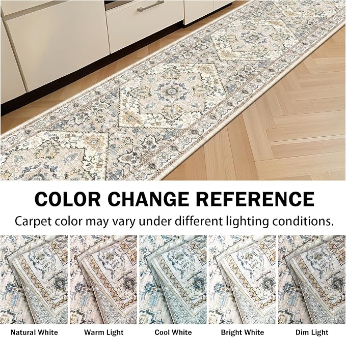 AooHHooA Boho Washable 2x10 Runner Rugs Beige Non Slip Low Pile Long Runner Rug, Stain Resistant Soft Faux Wool Runners for Hallway Laundry Entryway Bedroom