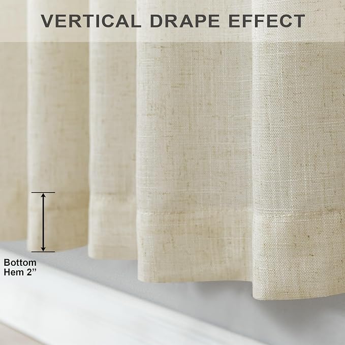 Pitalk Birch Beige Semi Sheer Linen Window Curtains 63 Inch Length 2 Panels Light Filtering Neutral Oatmeal Curtains Modern Farmhouse Back Tab Rod Pocket Pleated Drapes for Bedroom 52 x 63 Inch Long