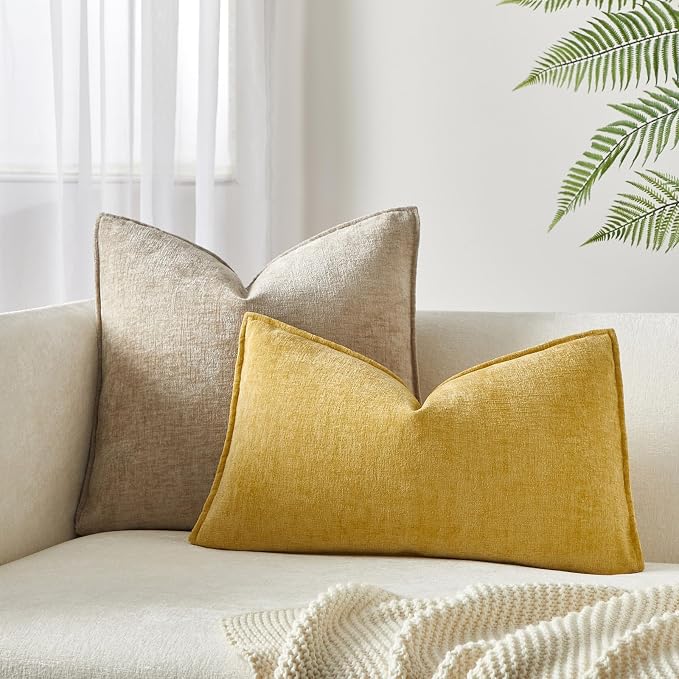 JUSPURBET Set of 2 Yellow Chenille Lumbar Throw Pillow Covers 16x24 Inch Soft Textured Decorative Cushion Cases for Couch Sofa Bed Solid Home Decor Pillowcases