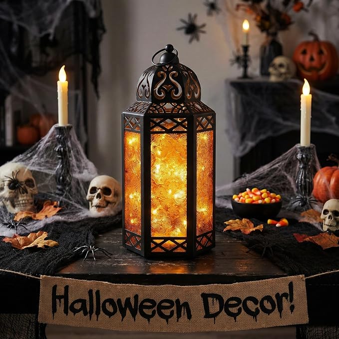 Vela Lanterns Decorative Indoor Fairy Light Halloween Holder, Amber, L | Orange Fall Decorations, Fantasy Moroccan Candle Lamp, Turkish Metal Hanging, Diwali & Eid, Porch Patio, 12" Tall