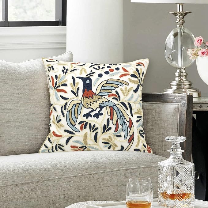 Alysheer Embroidered Decorative Throw Pillow Cover 18x18 inch, Lucky Bird Boho Embroidery Happy Knit Pattern Cotton Cushion Case for Sofa Couch Car Living Room Bedroom Garden Gifts(Ivory Navy)