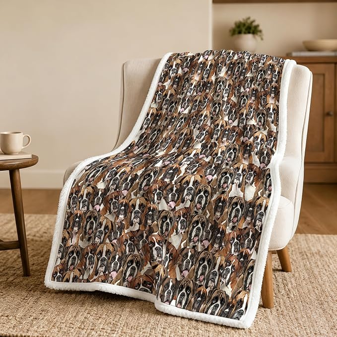 BlessLiving Throw Blanket, Brown Dog Animal Gift, 50x60 in | sherpa fleece fabric, Boxer Dense Pet Blankets Puppy Lovers print, for couch or sofa, pet lovers, easy machine care