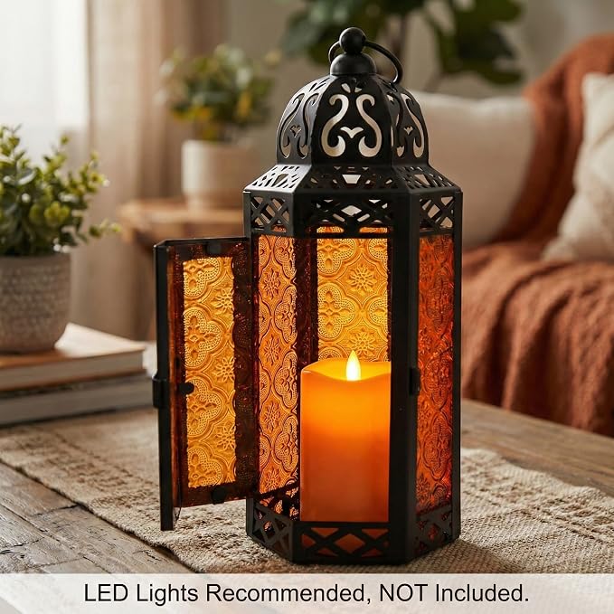 Vela Lanterns Decorative Indoor Moroccan Candle Holder, Amber, M | Halloween Decorations, Amber Orange Glass Decor, Gothic Dark Academia Lamp, Turkish Votive Pillar Tealight, 10.5in Tall