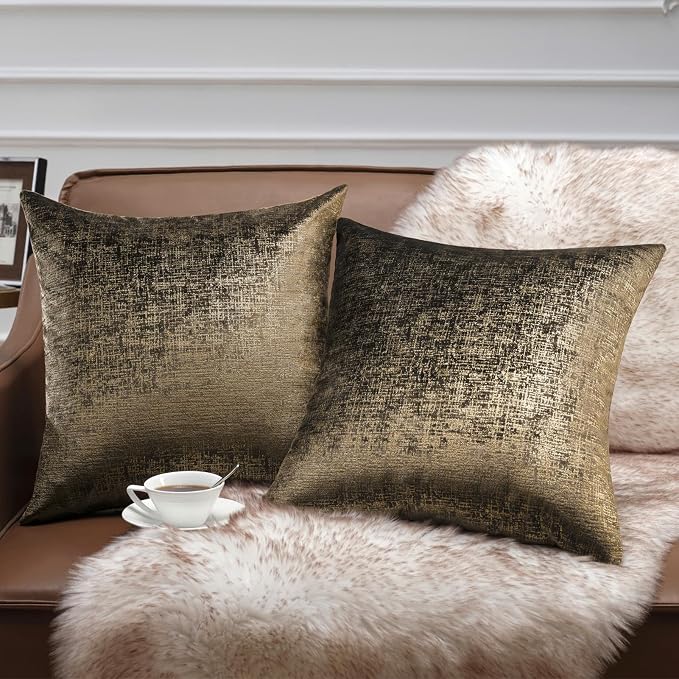 Phantoscope Pack of 2 Sparkling Velvet Geometric-pattern Throw Decorative Pillow Cover Soft Gold Glitter Square Cushion Cover Pillowcase for Couch Bed and Chair, Dark Brown, 18 x 18 inches, 45 x 45 cm
