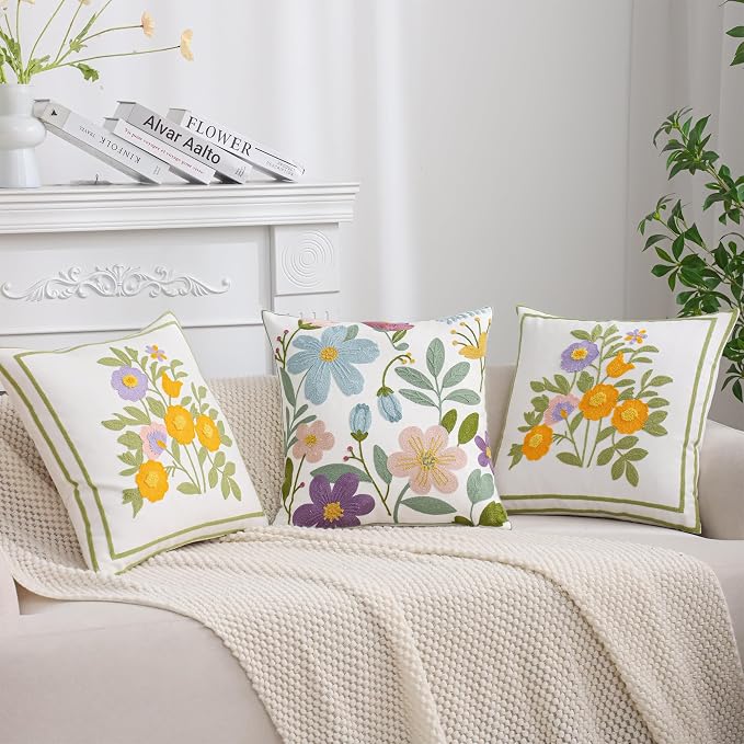 Embroidered Throw Pillow Covers 18x18 Pack of 2 Multicolored Flowers Pillow Covers Farmhouse Pillow Cushion Case Summer Decorative Farm Pillowcases Square Rustic Floral Pillow Case