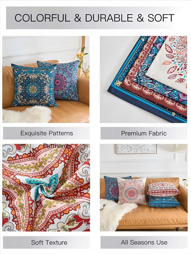 Boho Throw Pillow Covers 20X20 Inch Set of 4 Farmhouse Decorative Couch Pillow Cases Vintage Floral Pillows for Sofa Living Room Bedroom Summer Outdoor Patio Porch