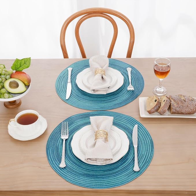SHACOS 15 inch Round Placemats Set of 8 Variegated Multicolor Place Mats Cotton Polyester Braided Non Slip Washable Heat Resistant Table Mats for Home Wedding Dinner Party Table Decor, Rainbow Teal