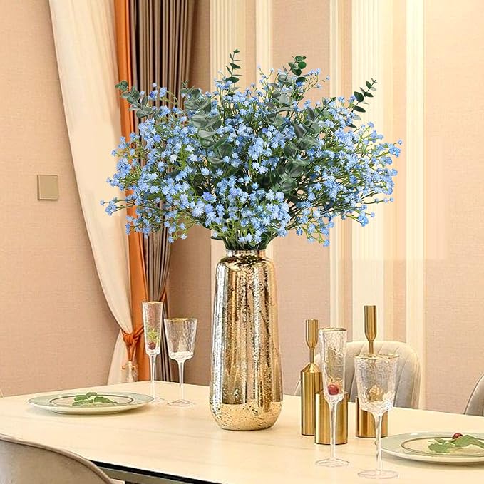 18pcs Babys Breath Artificial Flowers Fake Eucalyptus Leaves Flowers Bouquet Artificial Blue Gypsophila Bouquets Real Touch Faux Flowers for Wedding Floral Arrangement Party Home Decoration