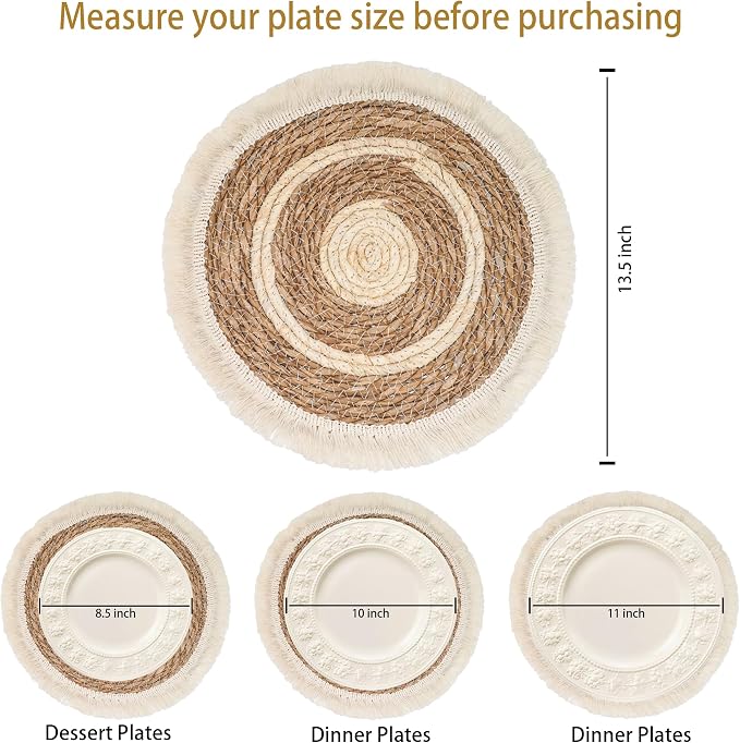 Round Placemats Set of 4, 13.5 in Woven Bulrush Table Mats with Cream Fringe Edge, Charger Plates for Dining Table