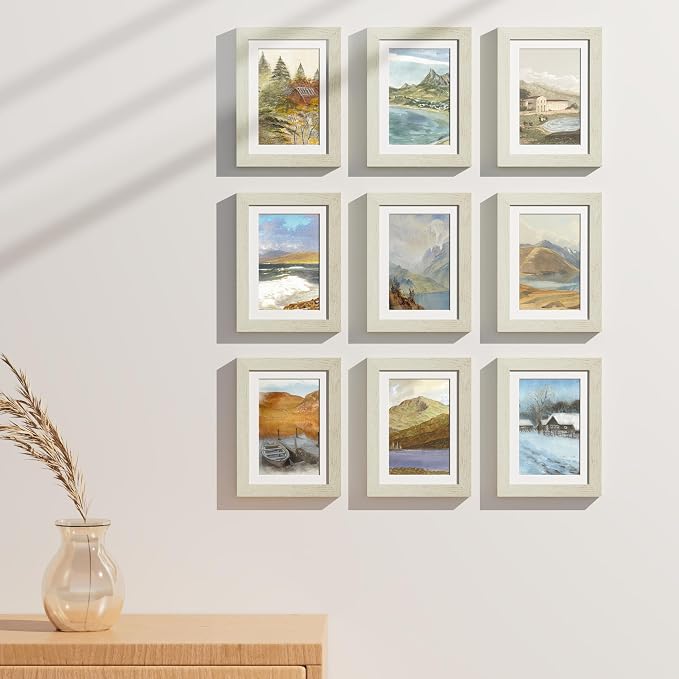 Vittanly 5x7 Picture Frames Set of 9 for Wall Mount or Tabletop, Whitemist | Display Pictures 4x6 with Mat or 5x7 without Mat, Small Photo Frames, Engineered Wood with Shatter Resistant Plexiglass