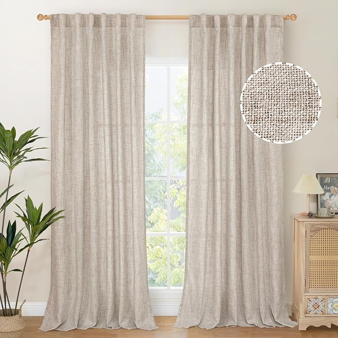 YoungsTex 90 Inch Linen Semi Sheer Curtains for Living Room Light Filtering | Rod Pocket Drapes Natural Textured with Back Tab Floor Length for Bedroom Dining Room Window, 52 X 90 Inch, 2 Panels