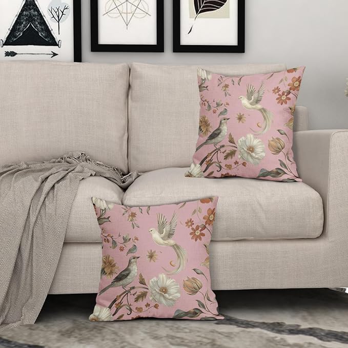 Kawani Vintage Floral Pillow Covers 16x16 Inch Set of 2 Pink Chinoiserie Flower and Bird Outdoor Decorative Throw Pillows Retro Rustic Pillowcases Farmhouse Cushion Covers for Couch Home Decor