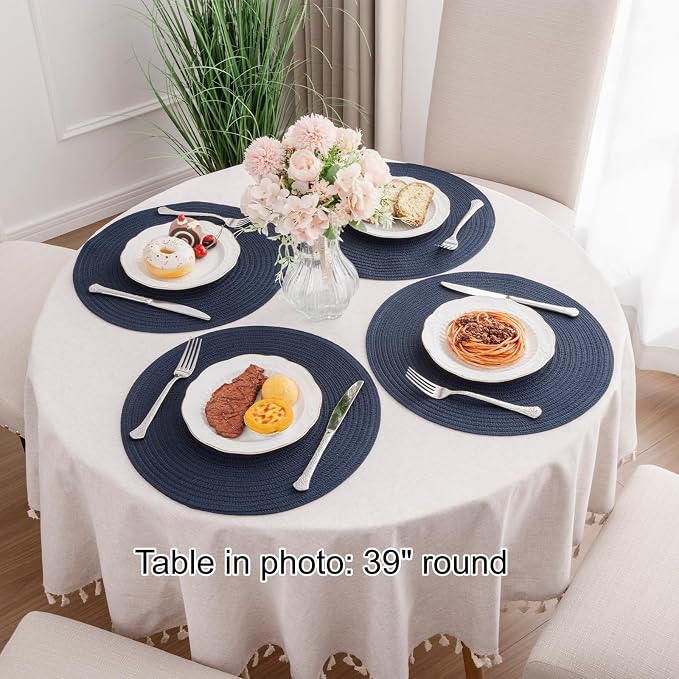 SHACOS Round Placemats Set of 8 Washable 15 inch Round Table Mats Cotton Polyester Woven Braided Place Mats for Dining Table, Navy