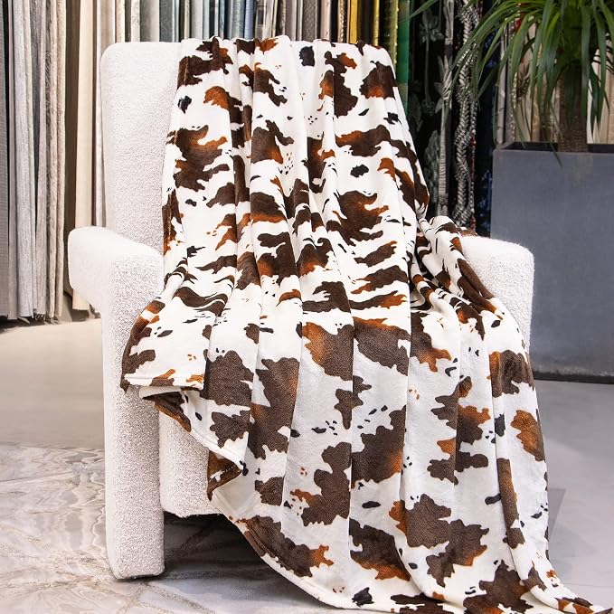 GEULAY Cow Print Fleece Blanket - Brown White Plush Throw, Lightweight Bed Couch Decor, Cute Cow Gifts for Women, Girls, Teens 50"x60" | Luxury Cozy Fleece Bed Throws, Microfiber Soft Warm, For Couch Sofa Bed Chair, Home Decor, Travel Camping Gifts
