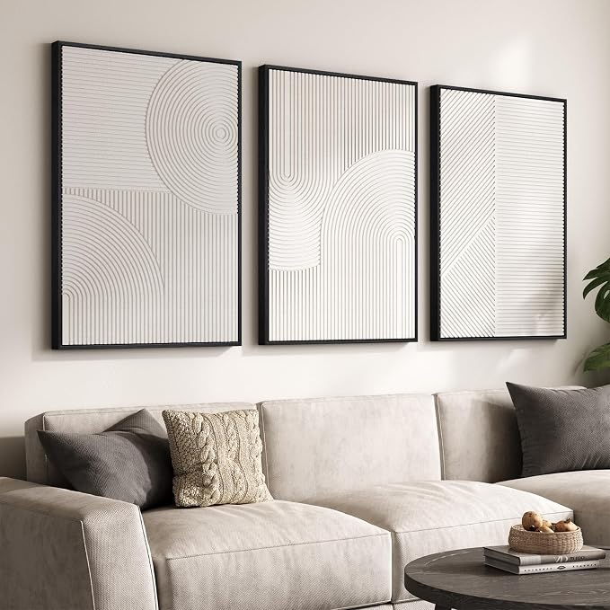 Large 3D Textured Modern White Abstract Wall Art for Living Room, 3 Piece | Solid Wood Framed Artwork for Walls, Set of 3 All White Texture Paintings, 24x36 In Big Pictures Wall Decor Bedroom Office