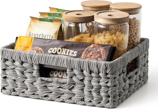GRANNY SAYS Wicker Baskets for Organizing, Grey Pantry Baskets,1-Pack | Large Shallow Basket,Wicker Storage Baskets for Shelves,Woven Baskets for Storage,Rectangle Basket,Wicker Baskets for Storage
